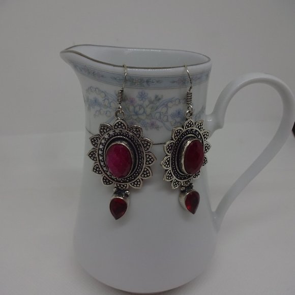 Fancy "SIMULATED RUBY" Handmade Sterling Dangle Earrings #517 - Picture 1 of 3